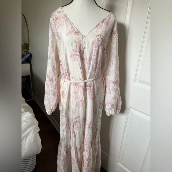 H&M Floral Midi Dress Pink Cream Long Sleeve Tie Waist Size M - Picture 5 of 7